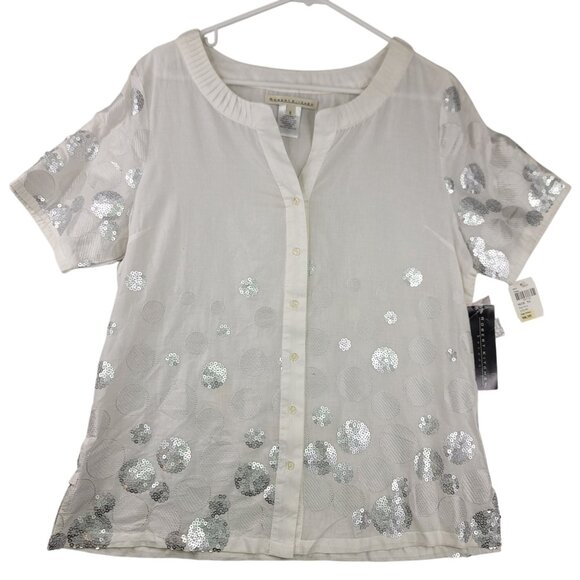 Robert Kitchen Womens XL White Cotton Short Sleeve Sequin Detail Button Blouse - Picture 1 of 12